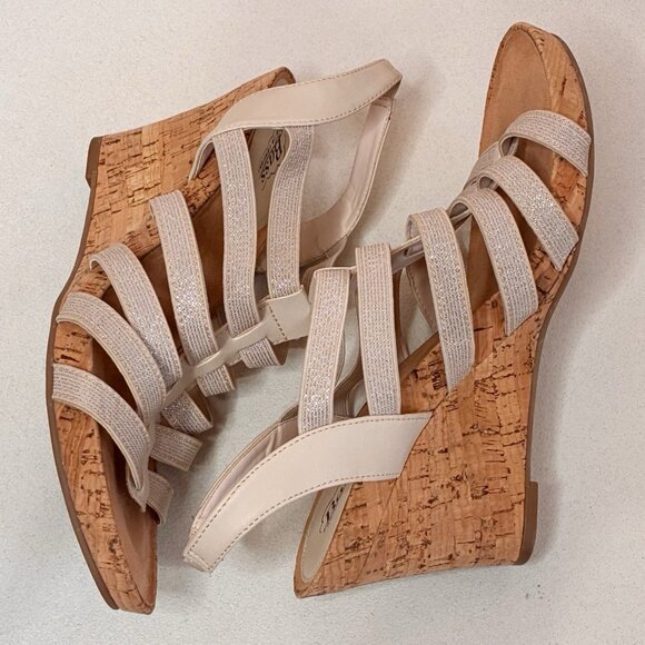 Bass Wedge Sandals Louisa Womens 9 M Strappy Elastic Metallic Beige Resort Vacay - Picture 7 of 11